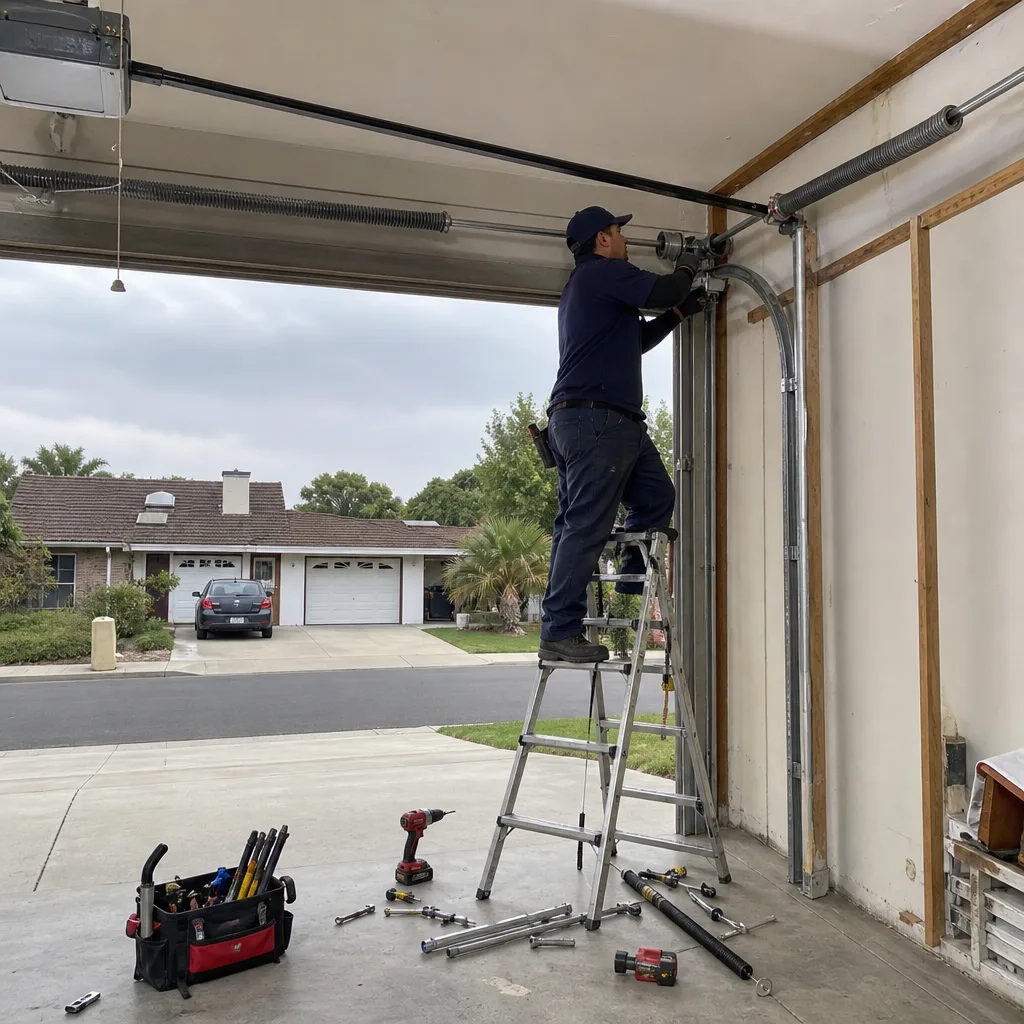 Technician performing professional garage door cable and spring repair services