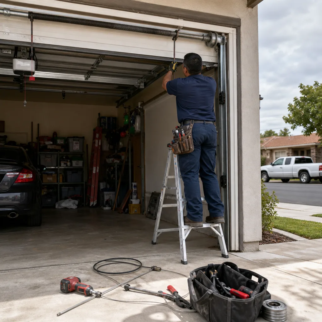 Professional technician performing a garage door cable repair