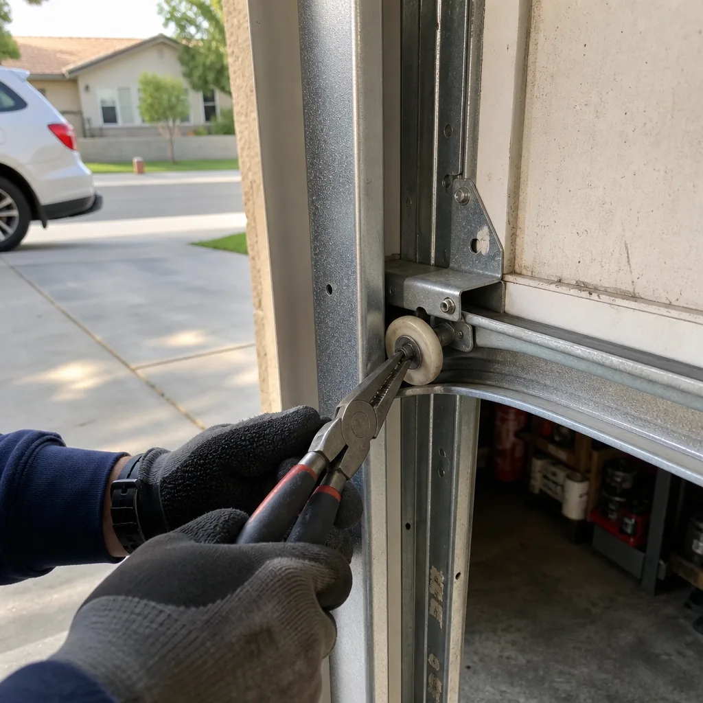 Technician performing professional garage door roller maintenance and repair