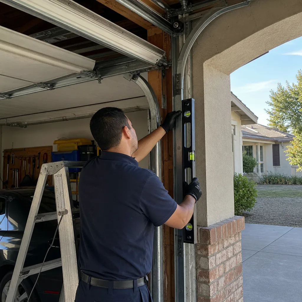 Technician checking vertical alignment of a garage door track with a level
