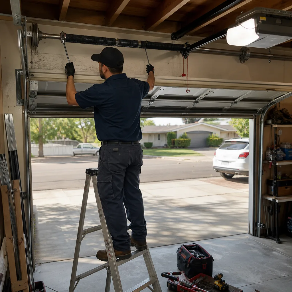 Professional technician repairing a garage door torsion spring on a ladder