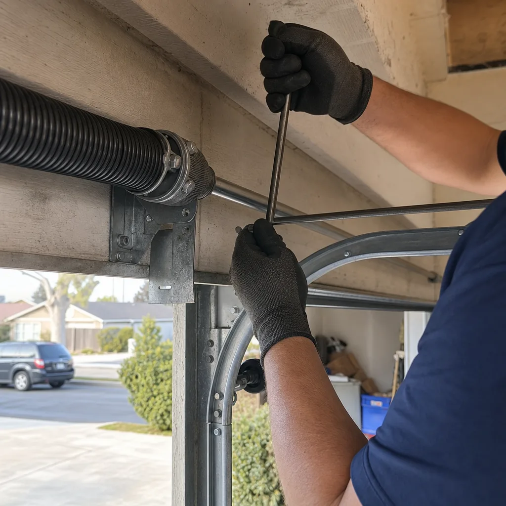 Technician performing garage door torsion spring repair with winding bars